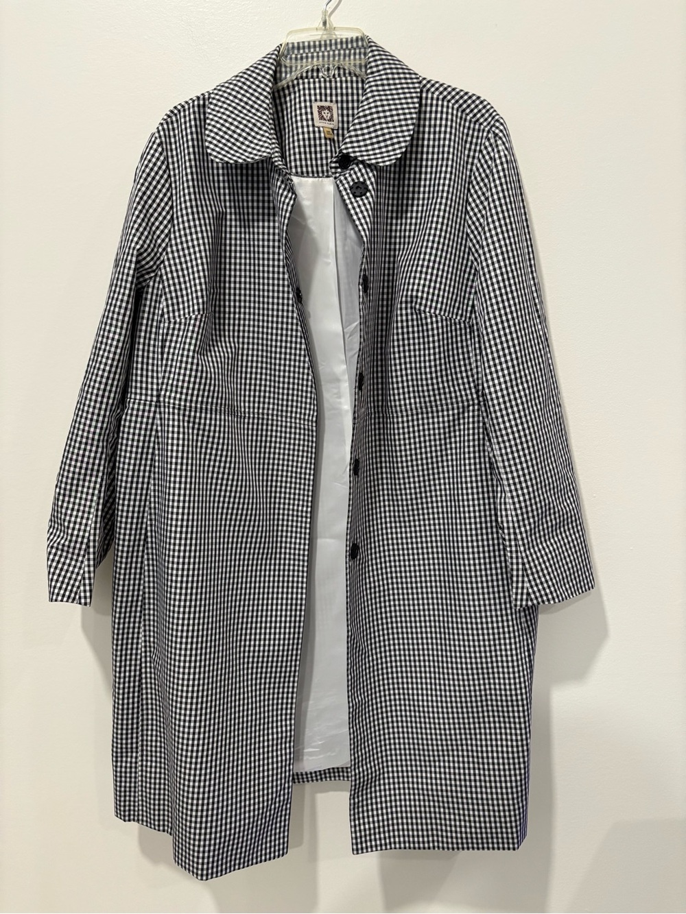 Anne Klein Black & White Gingham Long Button Coat